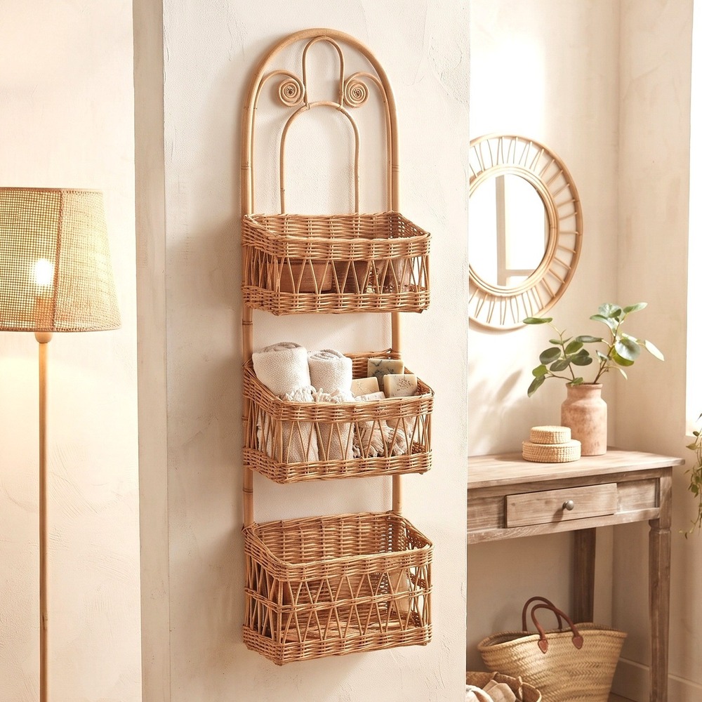 Vintage Rattan Wall Hanging 3 Tier Woven Wicker Basket Organizer Boho Decor 24in